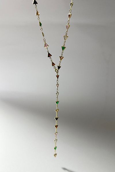 DELEIZA ACCESSORY Steel Gold Y Necklace Triangle Colored Stone Detailed