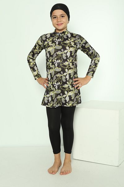 bazaar-turkey all you need Girl's Tights Long Sleeve Floral Patterned Hijab Swimsuit 1900-17