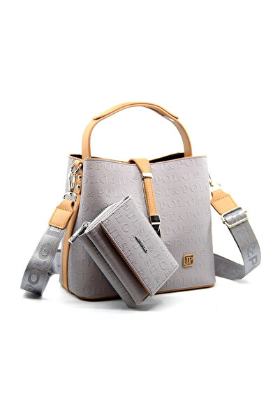 Just Polo Women's Gray Camel Medium Size 3 Compartment Shoulder Bag and Wallet Combination Mh4002Mh