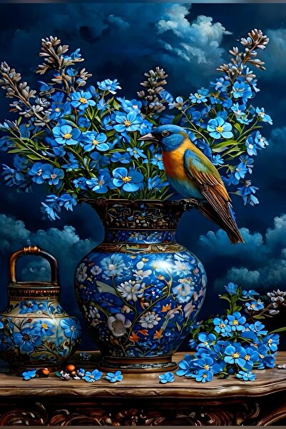 Aden DEKORATİF MAVİ ÇİÇEKLER KANVAS TABLO