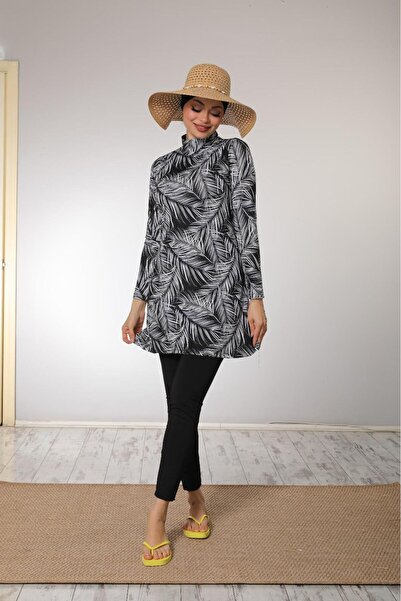 EB beachwear Black and White Pattern Lycra Fully Covered Hijab Swimsuit Micro Fabric Hashama