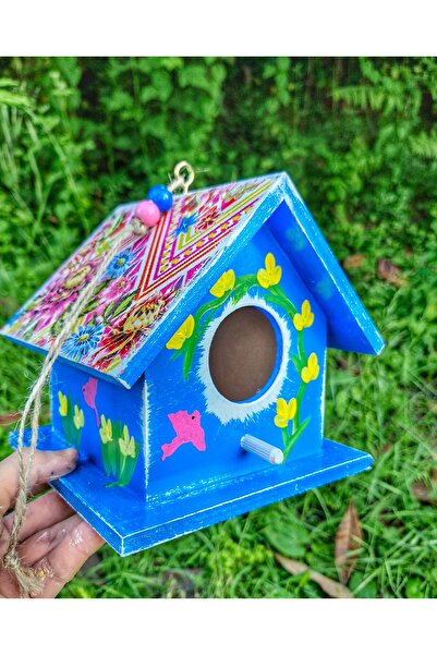 Home Mavi,ahşap el yapımı kuş yuvası ,16×16×16cm ağaç,balkon,bahçe süsü, kuş evi