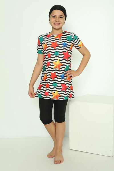 bazaar-turkey all you need Girl's Tights Short Sleeve Star Patterned Hijab Swimsuit 1904-18