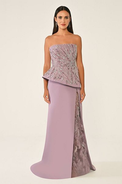 ALFABETA Strapless Embroidered Slit Tulle Crepe Long Evening Dress Alfa Beta