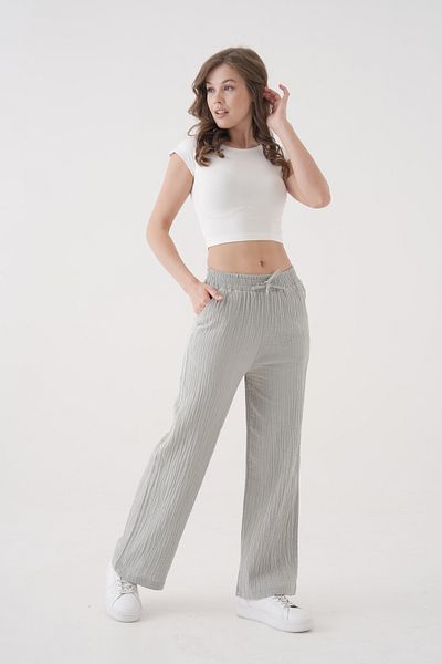 saint majesta Women's Summer Muslin Trousers 100% Cotton Wide Leg with Pockets (Sm25)
