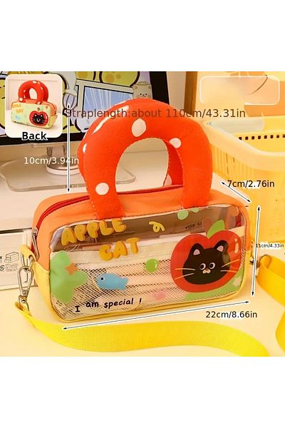 GlassySKY Cute Cat Large Capacity with Strap Transparent Pencil Case Pen Holder Makeup Purse Stationery Office Material