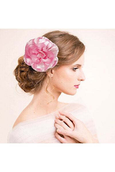 woodycord El Yapımı Büyük Pembe Saten Gül Klipsli Toka