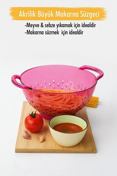 Mu Art Ahşap Acrylic Pink Pasta Strainer & Vegetable Fruit Strainer