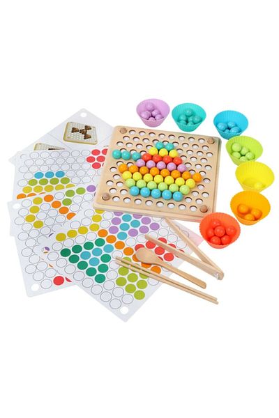 Picodino Educational game for fine motor skills, sorting, mosaic with wooden balls, pliers, spoon, chopsticks, 25cm