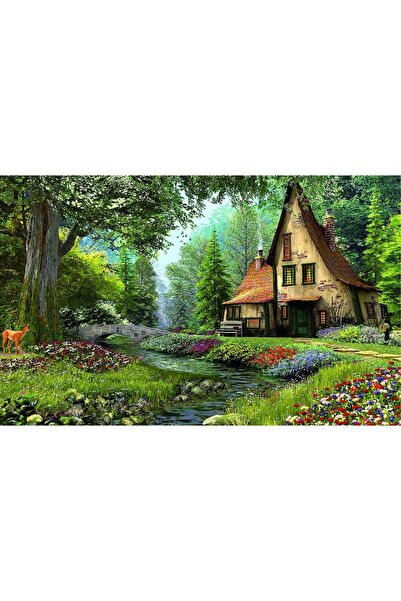 ve Tablou Canvas, Padure, Casuta, Flori, Caprioara, 60 x 40 cm, Rama lemn, Mu...