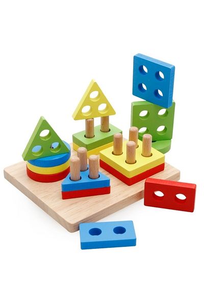 Picodino Jucarii Montessori pentru copii, 16 piese din lemn, puzzle, forme geometrice, 4 coloane de sortare