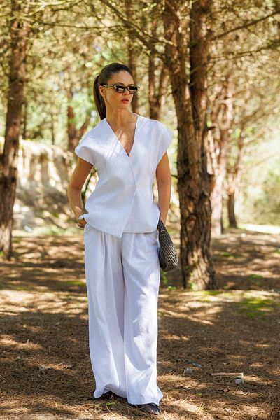 FACETTE Women's White Tie-Up Blouse Pants Set