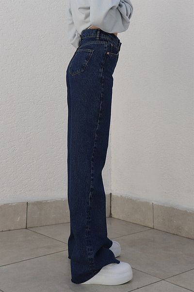 BİENAL BUTİK Jamelie Navy Blue Lycra Super High Waist Loose Leg Denim Palazzo Trousers