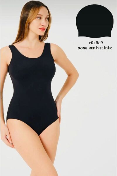 EB beachwear Kadın Düz Renk Yüzücü Mayo Siyah (GÖĞÜS PEDLİ)
