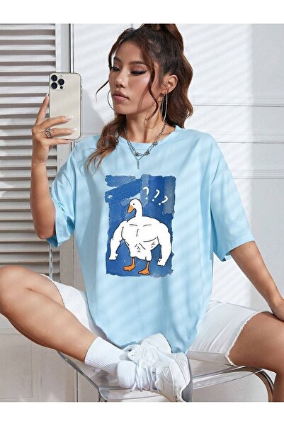 PALPİTO Ženska beba plava mišićava patka Štampano Oversize kroj T-shirt