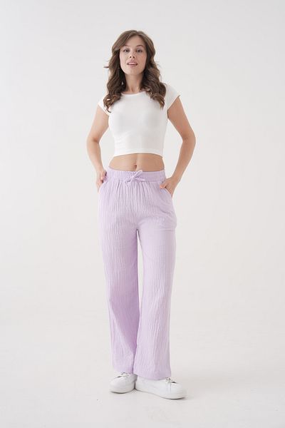 saint majesta Women's Summer Muslin Trousers 100% Cotton Wide Leg with Pockets (Sm25)