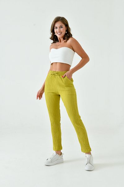 saint majesta Women's Summer Muslin Trousers 100% Cotton Narrow Leg with Pockets (Sm25)