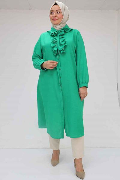 Eslina 58029 Large Size Ruffled Front Buttoned Linen Shirt - Benetton