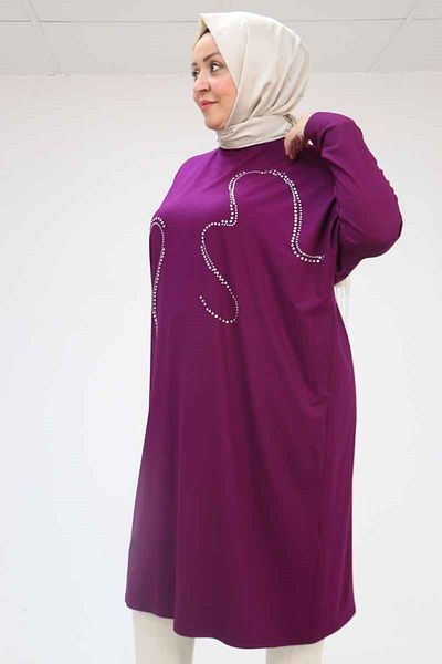 Eslina 58066 Large Size Low Sleeve Stone Printed Combed Cotton Tunic - Plum