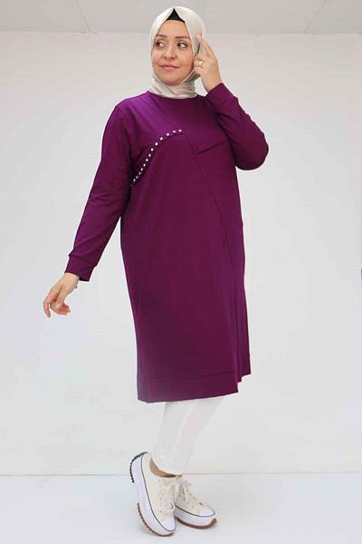 Eslina 58003 Large Size Combed Cotton Tunic with Crest and Stone Detail - Plum