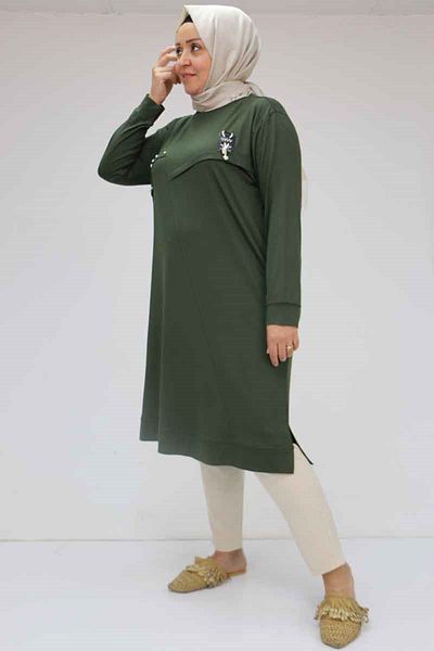 Eslina 58003 plus size armory and stone detailed jersey tunic - khaki