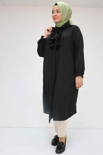 Eslina 58029 Large Size Ruffled Front Buttoned Linen Shirt - Black