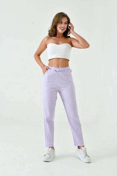 saint majesta Women's 100% Cotton Muslin Skinny Leg Trousers – Comfortable, Pocketed and Elastic Waist Loose Model Sm025