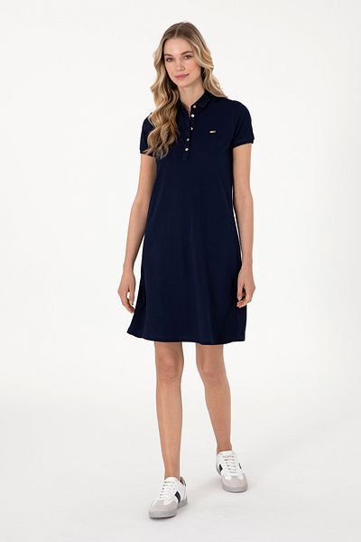 U.S. Polo Assn. Rochie tricotată pentru femei, albastru bleumarin, cu gât polo, mărime mini 50305853-vr033