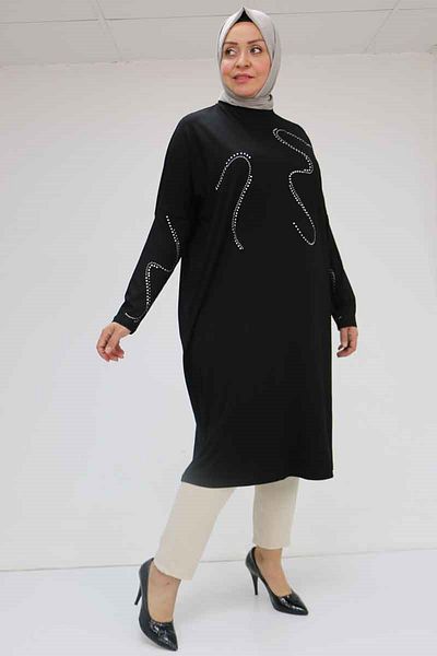 Eslina 58066 تونيك قطني ممشط بطبعة حجرية وأكمام طويلة مقاس كبير - أسود