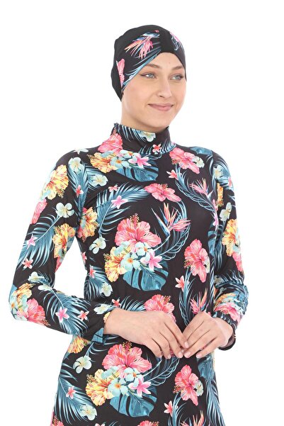 EB beachwear Siyah Zemin Üzerine Çiçek Desenli Likralı Tam Kapalı Tesettür Mayo Micro Kumaş Haşama