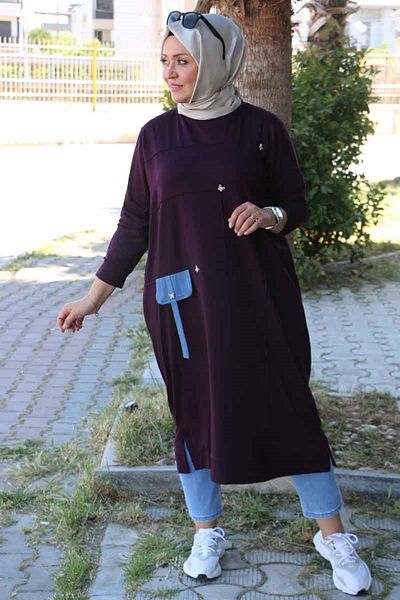 Eslina 58002 تونيك قطن ممشط مقاس كبير مع تفاصيل عشبية من الأمام - أرجواني