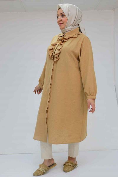 Eslina 58029 Large Size Ruffled Buttoned Linen Shirt - Tan