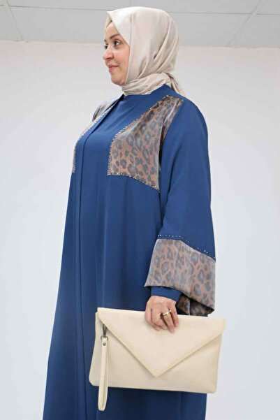 Eslina 57207 Large Size Garni Detailed Etamin Dress Abaya - Petrol