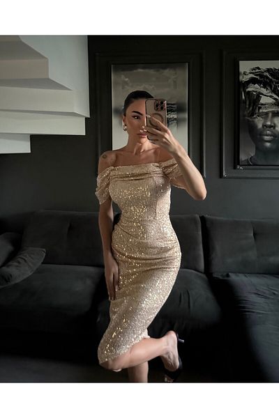 ALBATROS BUTİK Albatrosbutik Sequin Degaje Collar Evening Dress
