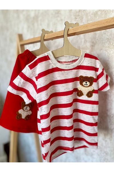 Keskincan Kids Club Boy's Red and White Striped Teddy Bear Detailed Shorts Suit