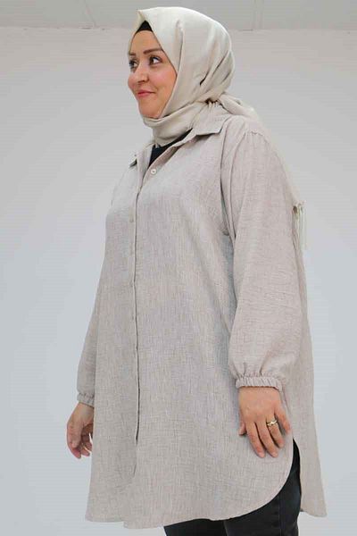 Eslina 58061 Large Size Men's Collared Lucy Etamin Shirt - Beige
