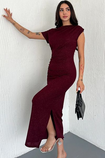 Velista Asymmetric Slit Detail Silvery Evening Dress