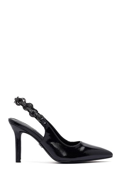 Derimod Women's Black Stone Open Back Metallic Thin Heeled Shoes 25Sfe491332