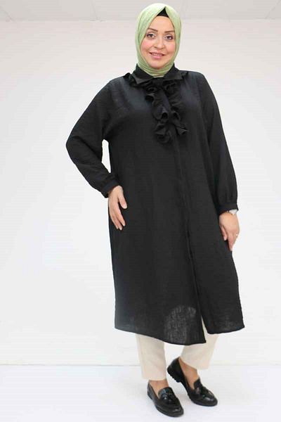 Eslina 58029 Large Size Ruffled Front Buttoned Linen Shirt - Black