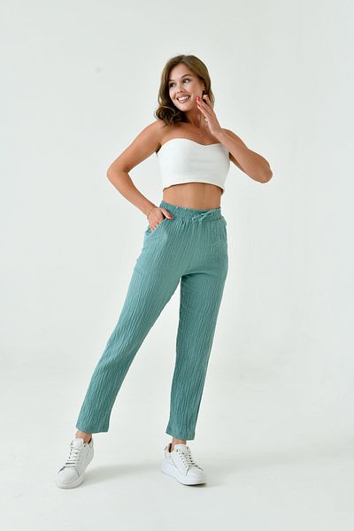 saint majesta Women's 100% Cotton Muslin Skinny Leg Trousers – Comfortable, Pocketed and Elastic Waist Loose Model Sm025