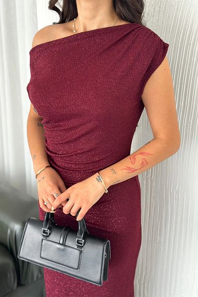 Velista Asymmetric Slit Detail Silvery Evening Dress