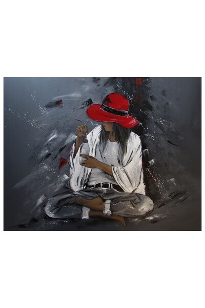 ve Tablou Canvas, Fata cu palarie rosie, 60 x 45 cm, Rama lemn, Multicolor