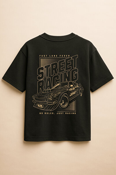 Altair Tr تي شيرت أسود اللون كبير الحجم مطبوع عليه سيارة سباق الشوارع للجنسين