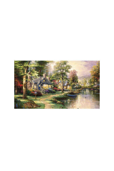 ve Tablou Canvas, Peisaj de toamna, Rau, Copaci, Casute, 60 x 45 cm, Multicolor