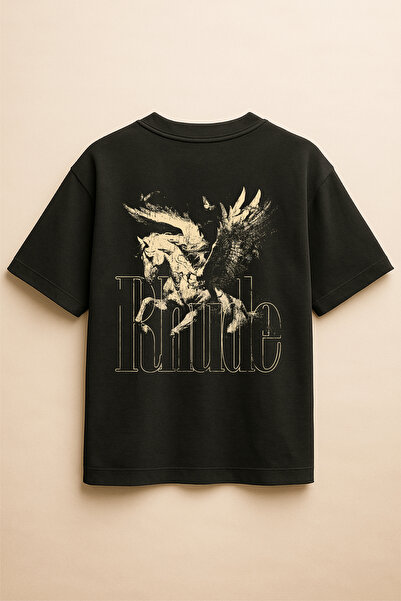 Altair Tr تي شيرت أسود اللون كبير الحجم مطبوع عليه حصان بيغاسوس مجنح للجنسين