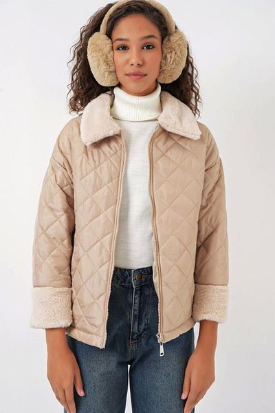 Vogueway 5202 Plush Detailed Quilted Coat - Beige