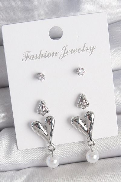 Clariss Brass Silver Color Zircon Stone Hanging Heart Model 3 Pair Women's Earring Set