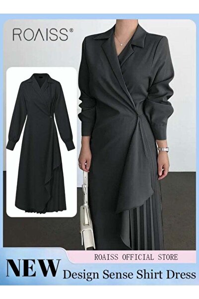 ROAISS Ladies Tunic Dress Solid Color Formal Elegant Asymmetrical Pleated Des...