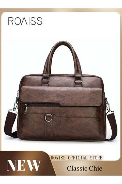ROAISS Men's Business Messenger Bag Briefcase PU Leather Retro Chic 14 Inch Laptop Handbag