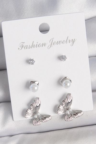 Clariss Brass Silver Color Zircon Stone Pearl Detailed Butterfly Model 3 Pair Women's Earring Set